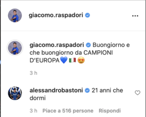 Bastoni scherza con Raspadori: «21 anni che dormi» 29 Schermata 2021 07 12 alle 19.02.22