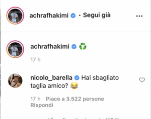 Siparietto social tra Hakimi e Barella. Il commento del nerazzurro 29 Schermata 2021 08 17 alle 13.18.39