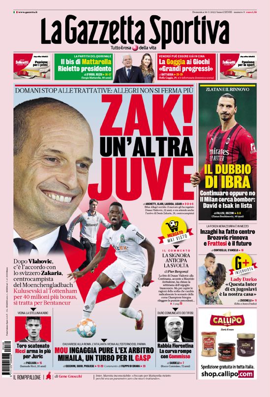 Le Prime Pagine dei Quotidiani Sportivi di Oggi - 30 Gennaio 27 gazzettafc nazionale web Big