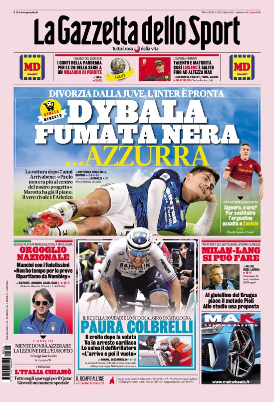 Le Prime Pagine dei Quotidiani Sportivi - 22 Marzo 27 gazzettafc nazionale web Big 3