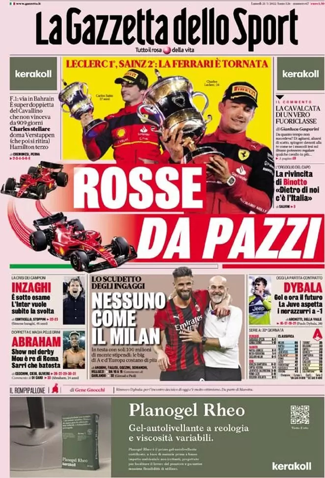 Le Prime Pagine dei Quotidiani Sportivi - 21 Marzo 27 la gazzetta dello sport 005205200