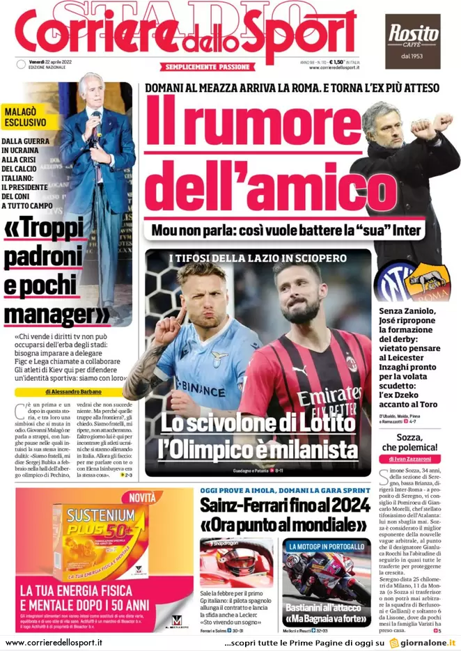 Rassegna stampa: le prime pagine dei quotidiani sportivi, 22 aprile 26 cds 1