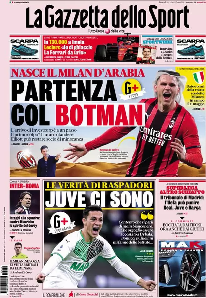 Rassegna stampa: le prime pagine dei quotidiani sportivi, 22 aprile 29 g 1