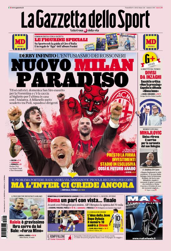 Le Prime Pagine dei Quotidiani Sportivi - 29 aprile 27 gazzettafc nazionale web Big 1