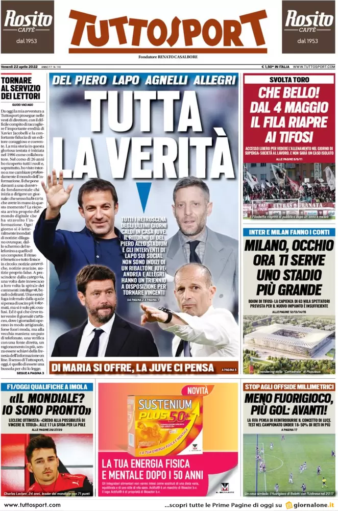 Rassegna stampa: le prime pagine dei quotidiani sportivi, 22 aprile 27 ts