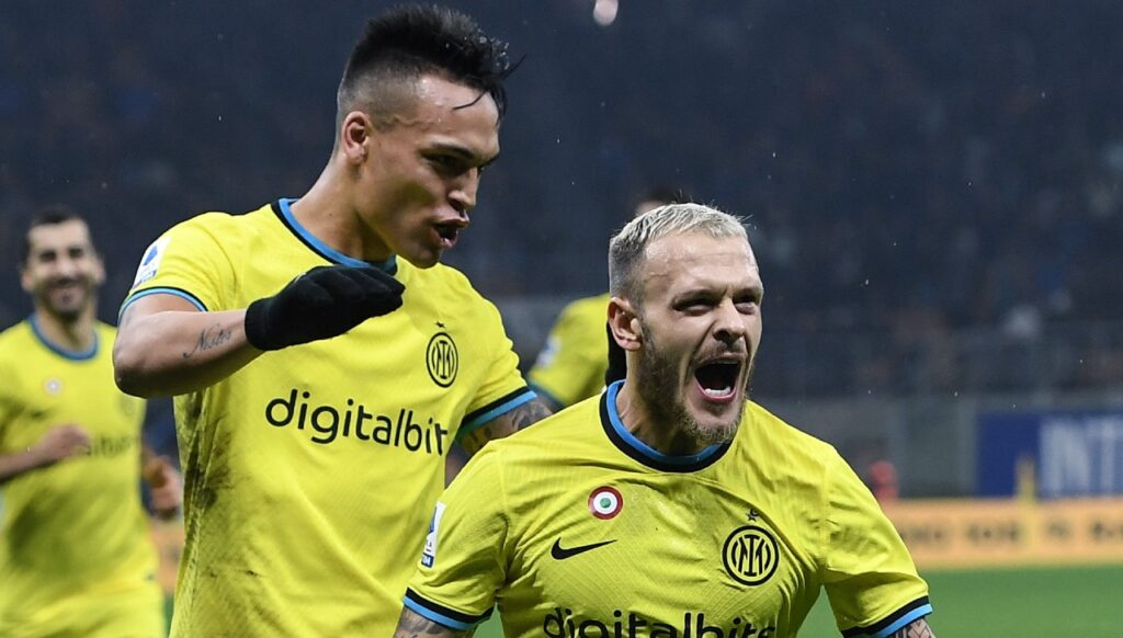 Inter, Skriniar celebra la doppietta di Dimarco. Questo il commento social 1 esult gol Dimarco MG5 7927