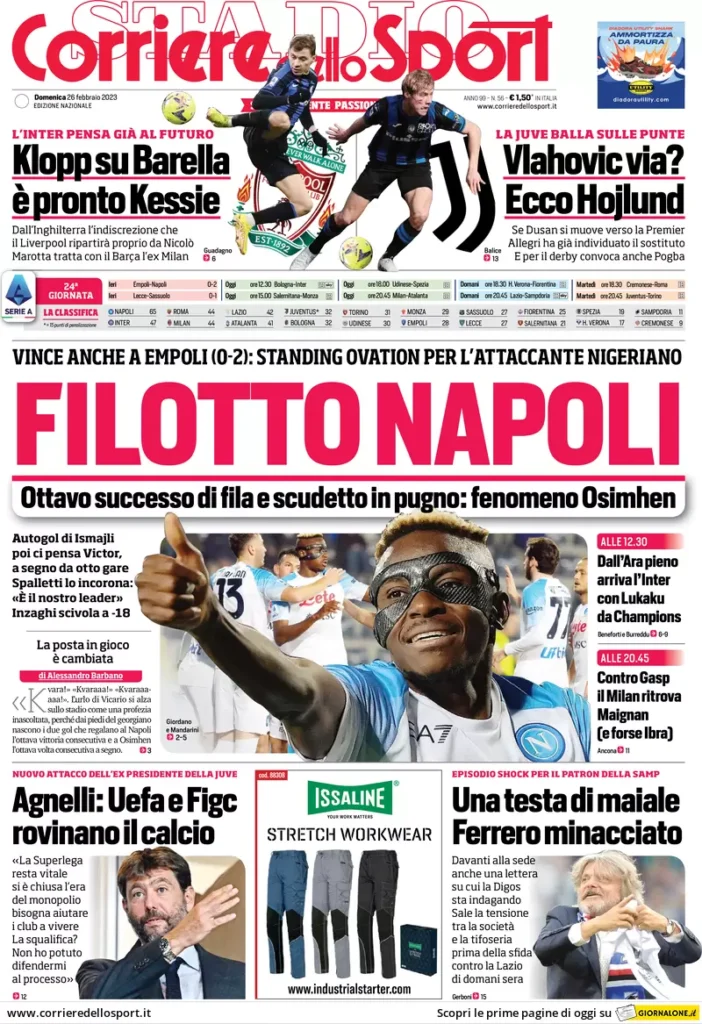 Prime pagine dei quotidiani sportivi - 26 febbraio 2023 28 corriere dello sport 073455013