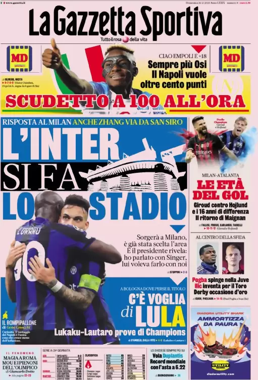 Prime pagine dei quotidiani sportivi - 26 febbraio 2023 27 la gazzetta dello sport 005049872