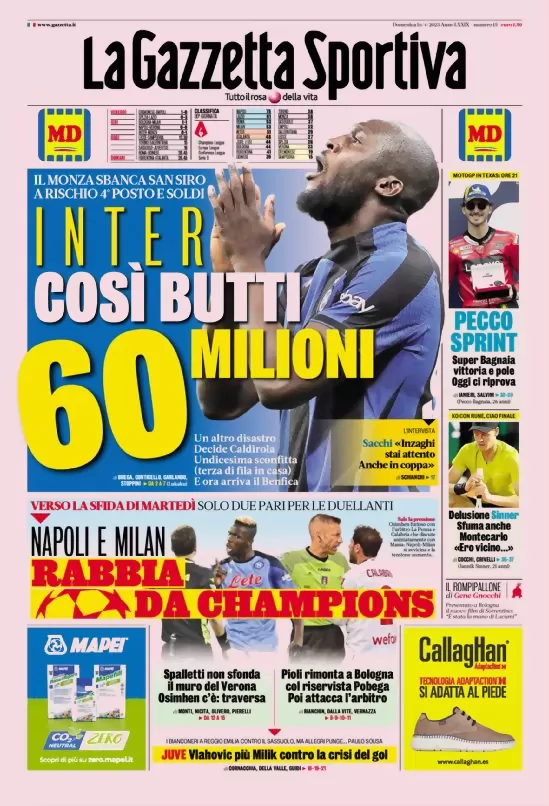Rassegna Stampa- Prime pagine sportive di oggi, 16 aprile 27 la gazzetta dello sport 005304137