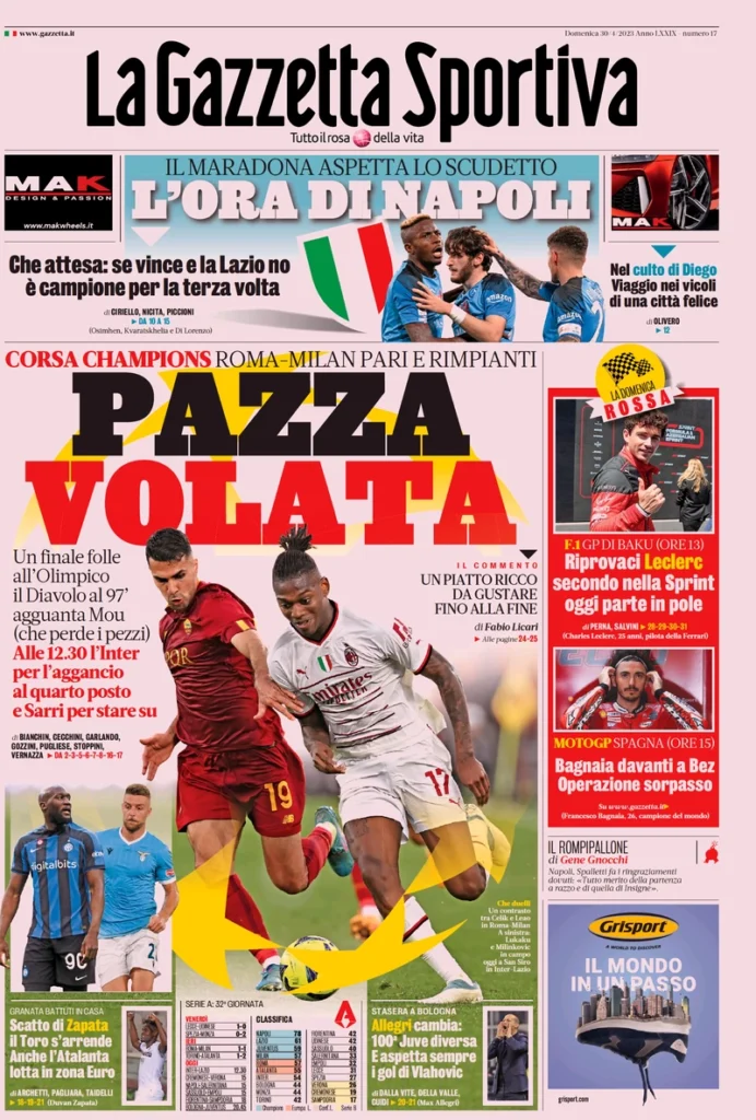 Prime Pagine dei quotidiani sportivi di oggi, 30 aprile 27 la gazzetta dello sport 072334444