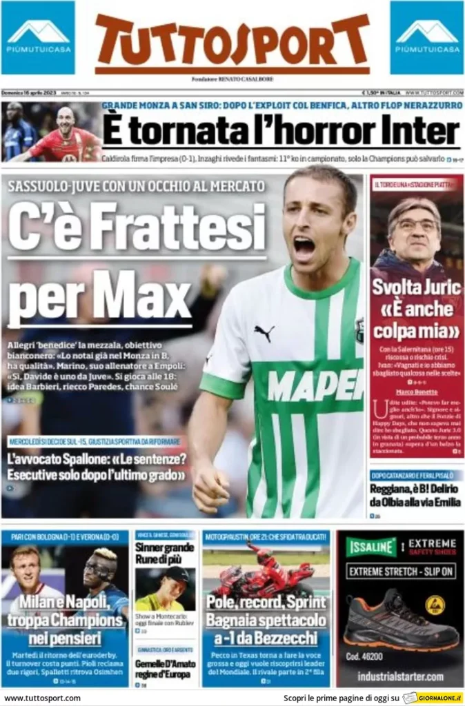 Rassegna Stampa- Prime pagine sportive di oggi, 16 aprile 29 tuttosport 001305496