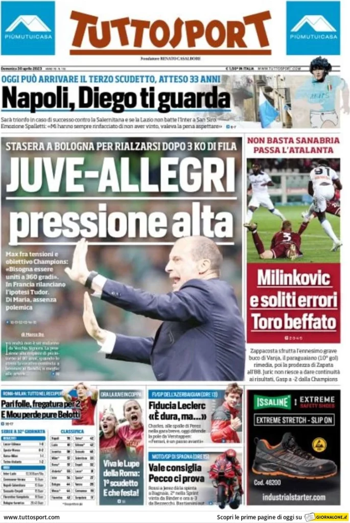 Prime Pagine dei quotidiani sportivi di oggi, 30 aprile 29 tuttosport 002138629