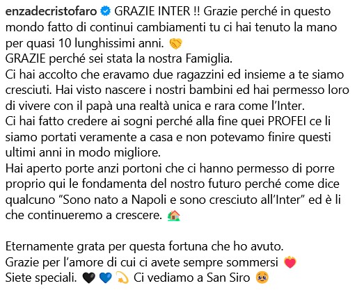 La moglie di D'Ambrosio sui social: il messaggio d'addio all'Inter 27 De cristofaro addio DAmbrosio