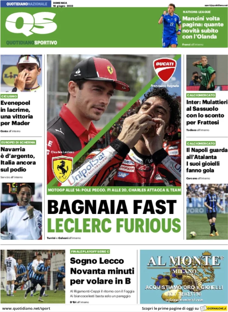 Rassegna Stampa- Prime Pagine sportive di oggi, 18 giugno 29 qs quotidiano sportivo 055107812