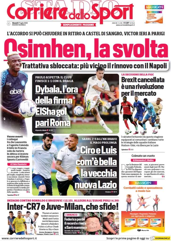 Rassegna Stampa - Prime pagine sportive di oggi, 27 luglio 28 corriere dello sport 011512882