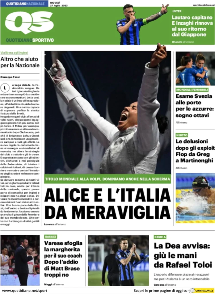 Rassegna Stampa - Prime pagine sportive di oggi, 27 luglio 30 qs quotidiano sportivo 063607625