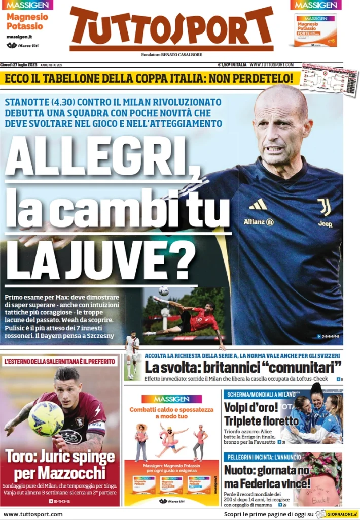 Rassegna Stampa - Prime pagine sportive di oggi, 27 luglio 29 tuttosport 014806013