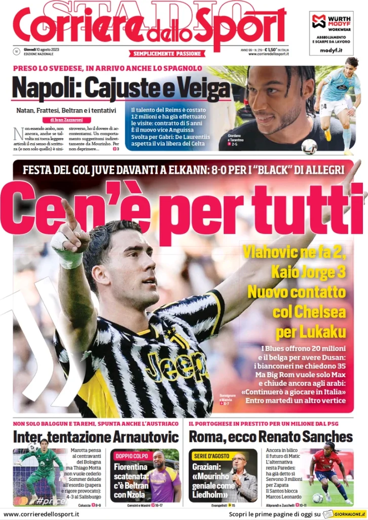 Prime Pagine Sportive dei Quoditiani Nazionali - 10 agosto 28 corriere dello sport 011203564