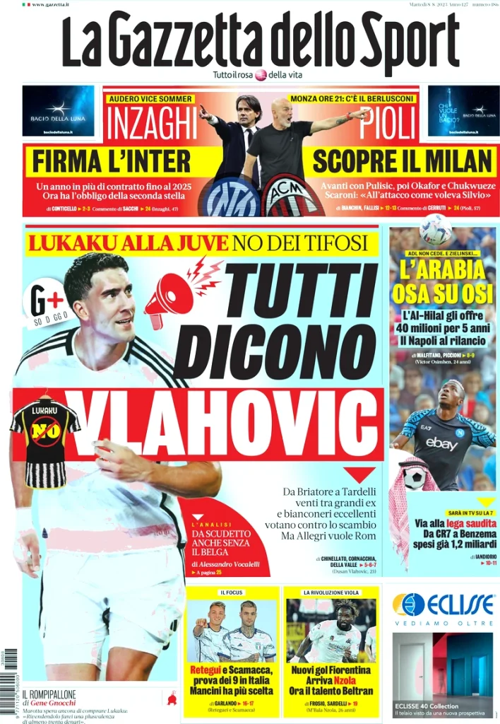 Le Prime Pagine Sportive dei quotidiani sportivi Nazionali - 8 agosto 27 la gazzetta dello sport 070659146