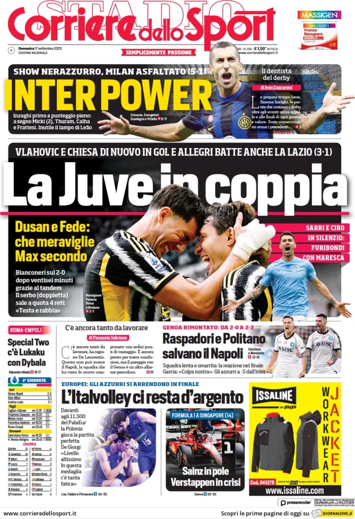Le Prime Pagine Sportive Nazionali - 17 settembre 28 Corriere Sport 3