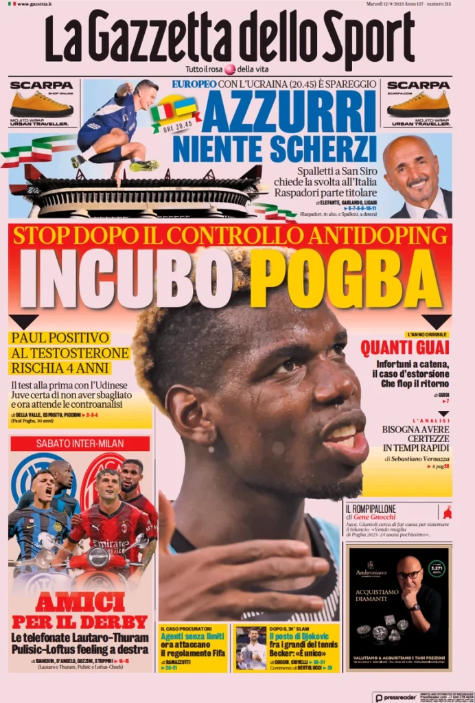 Prime Pagine Sportive Nazionali - 12 settembre 27 Gazzetta dello Sport