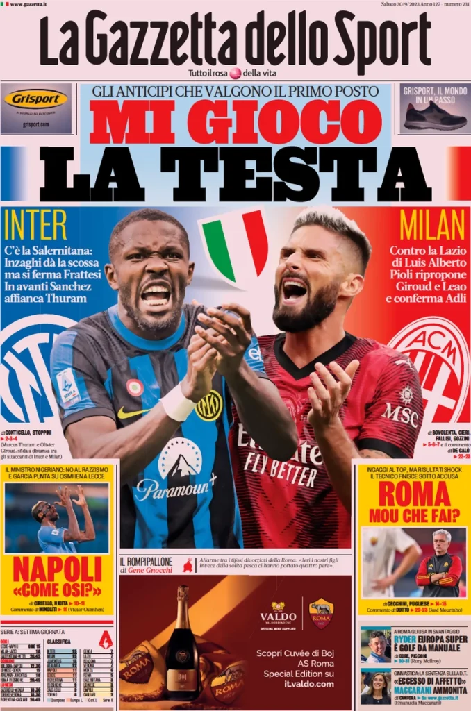 Le Prime Pagine Sportive Nazionali - 30 settembre 27 Gazzetta dello Sport 9