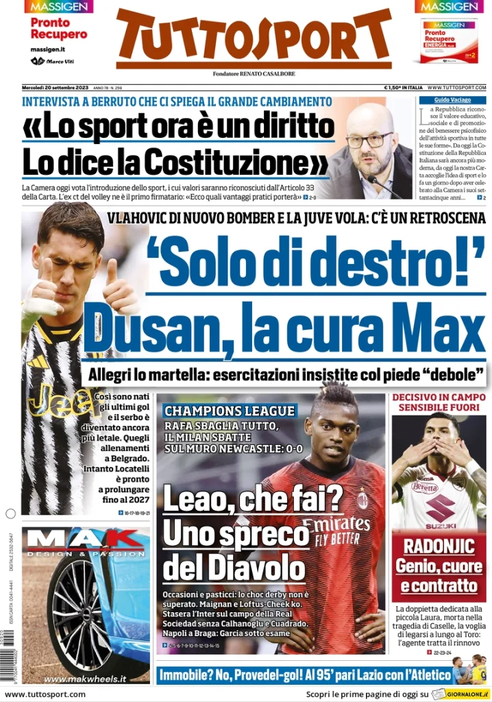 Le Prime Pagine Sportive Nazionali - 20 settembre 29 Tuttosport 5