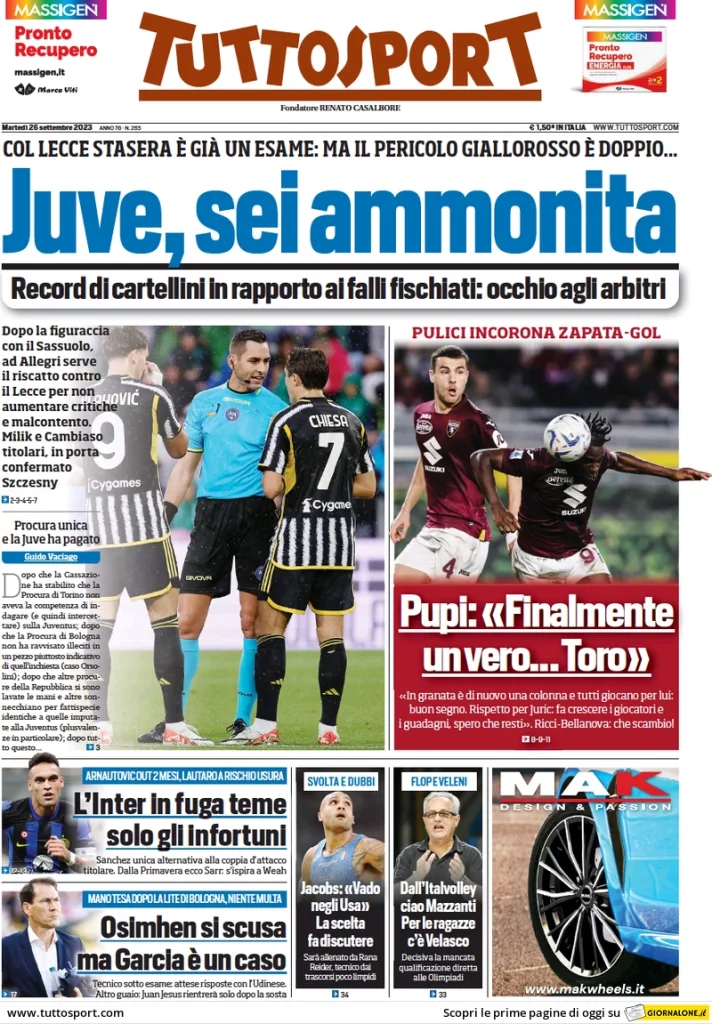 Le Prime Pagine Sportive Nazionali - 26 settembre 29 Tuttosport 8