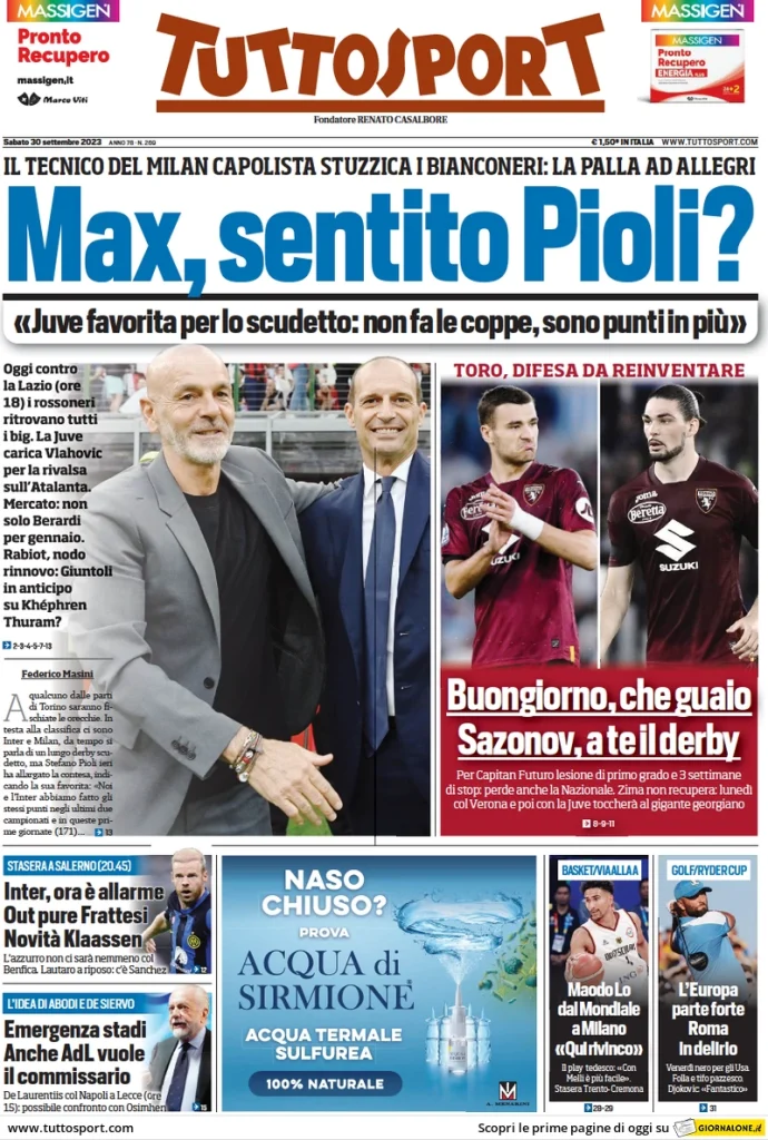 Le Prime Pagine Sportive Nazionali - 30 settembre 29 Tuttosport 9