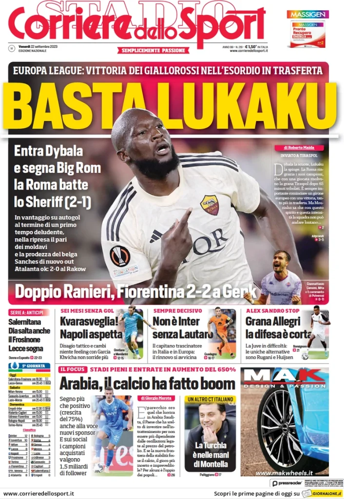 Le Prime Pagine Sportive Nazionali - 22 settembre 28 corriere dello sport 004511878