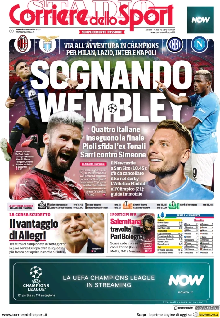 Le Prime Pagine Sportive Nazionali - 19 settembre 28 corriere dello sport 010012438