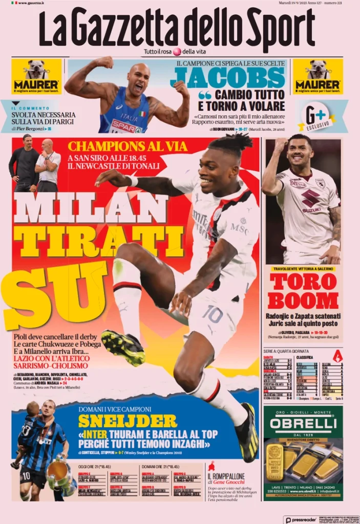 Le Prime Pagine Sportive Nazionali - 19 settembre 27 la gazzetta dello sport 022304731