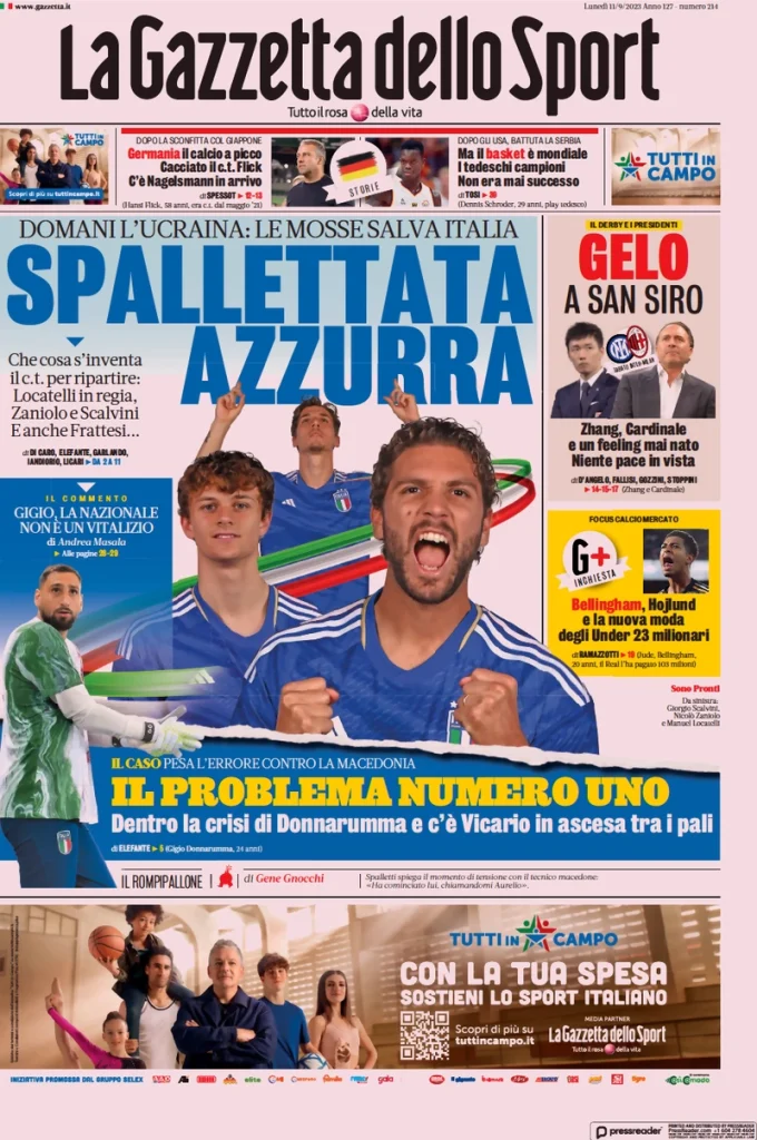 Prime Pagine Sportive Nazionali - 11 settembre 27 la gazzetta dello sport 023305831