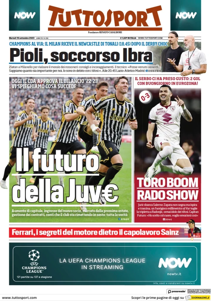 Le Prime Pagine Sportive Nazionali - 19 settembre 29 tuttosport 014305961