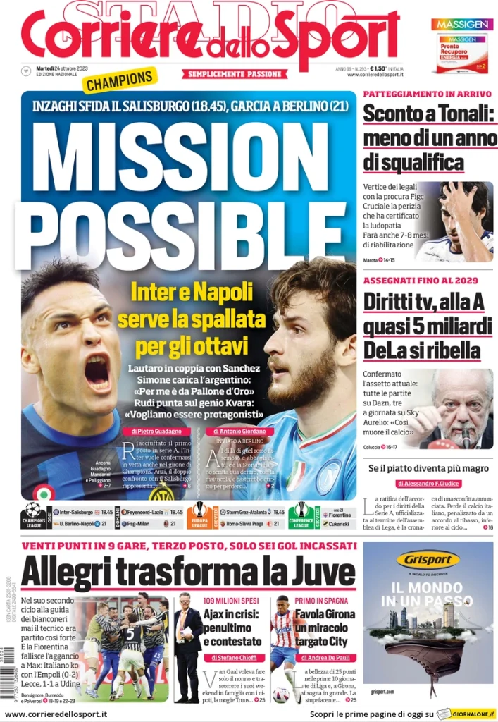 Le Prime Pagine Sportive Nazionali – 24 ottobre 28 Corriere Sport 6