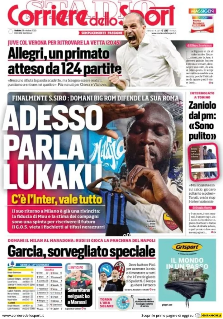 Le Prime Pagine Sportive Nazionali – 28 ottobre 28 Corriere Sport 7