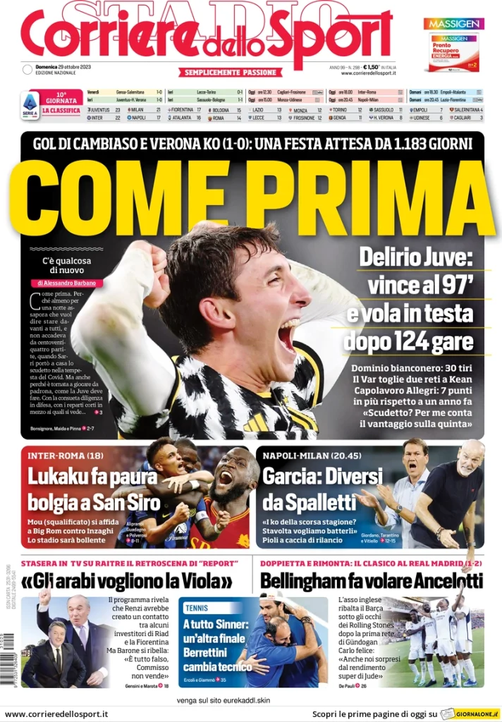 Le Prime Pagine Sportive Nazionali – 29 ottobre 28 Corriere Sport 8