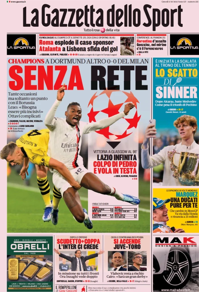 Le Prime Pagine Sportive Nazionali - 5 ottobre 27 Gazzetta dello Sport 1
