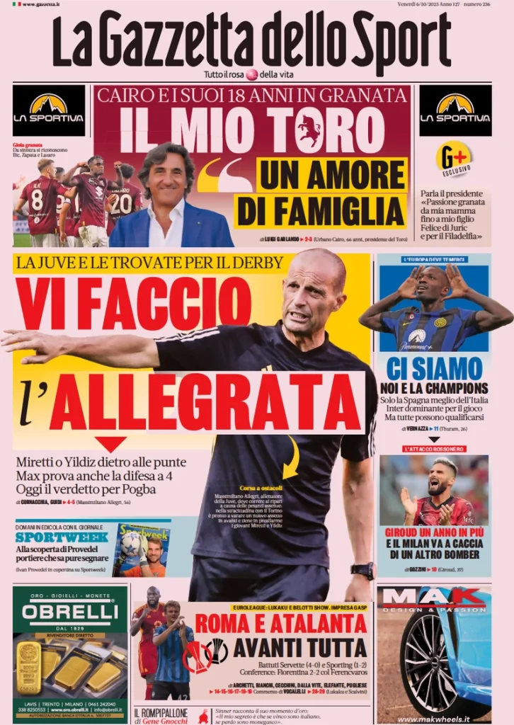 Le Prime Pagine Sportive Nazionali - 6 ottobre 27 Gazzetta dello Sport 2