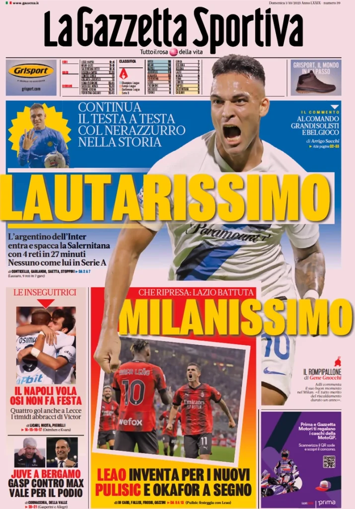 Le Prime Pagine Sportive Nazionali - 1 ottobre 27 Gazzetta dello Sport