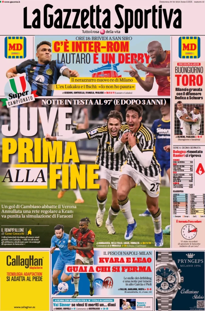Le Prime Pagine Sportive Nazionali – 29 ottobre 27 Gazzetta dello Sport 8