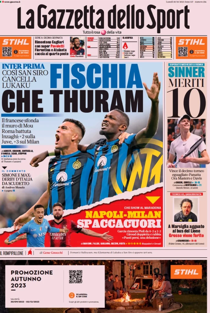 Le Prime Pagine Sportive Nazionali – 30 ottobre 27 Gazzetta dello Sport 9