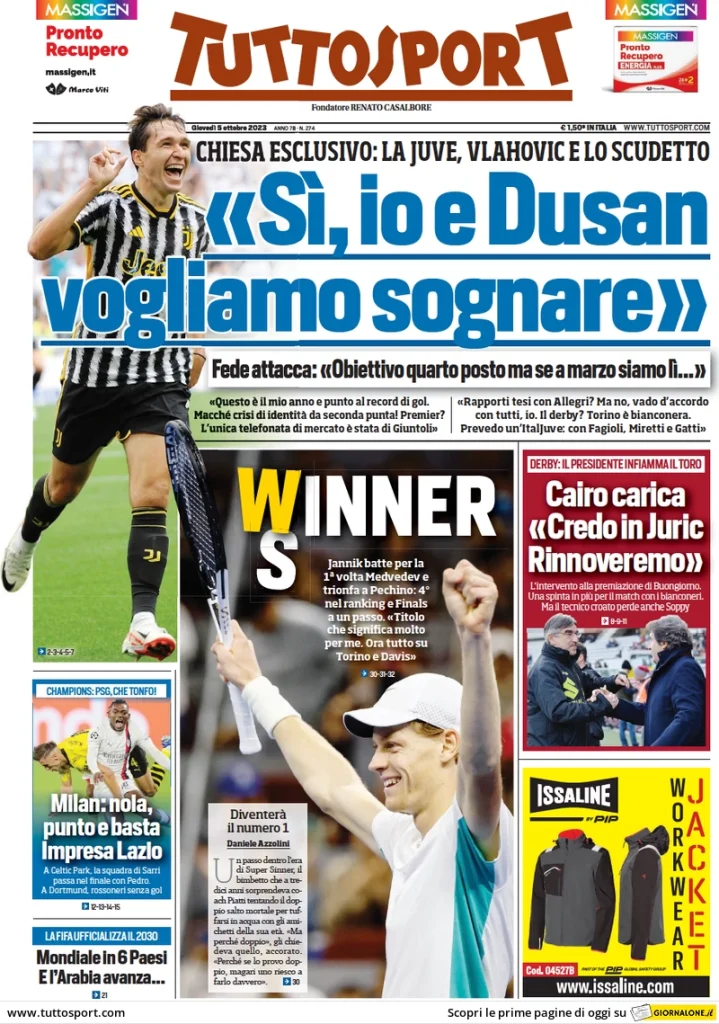 Le Prime Pagine Sportive Nazionali - 5 ottobre 29 Tuttosport 1