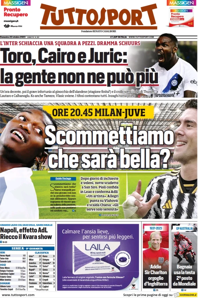 Le Prime Pagine Sportive Nazionali – 22 ottobre 29 Tuttosport 5