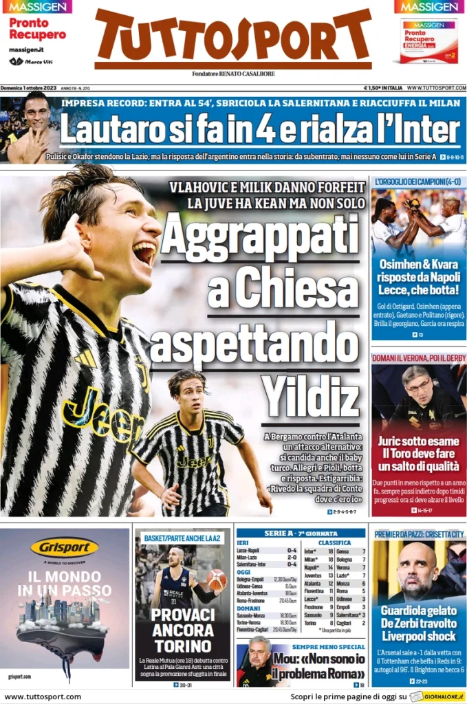 Le Prime Pagine Sportive Nazionali - 1 ottobre 29 Tuttosport