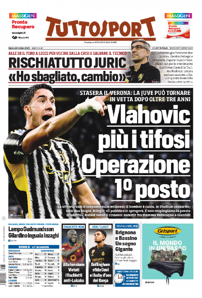 Le Prime Pagine Sportive Nazionali – 28 ottobre 29 Tuttosport