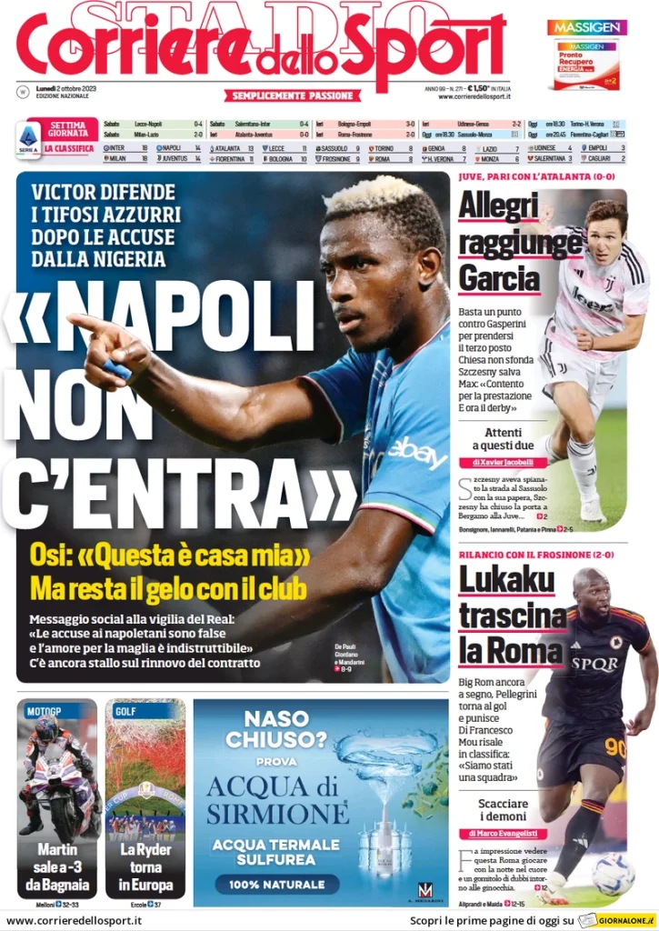 Le Prime Pagine Sportive Nazionali - 2 ottobre 29 corriere dello sport 011202612