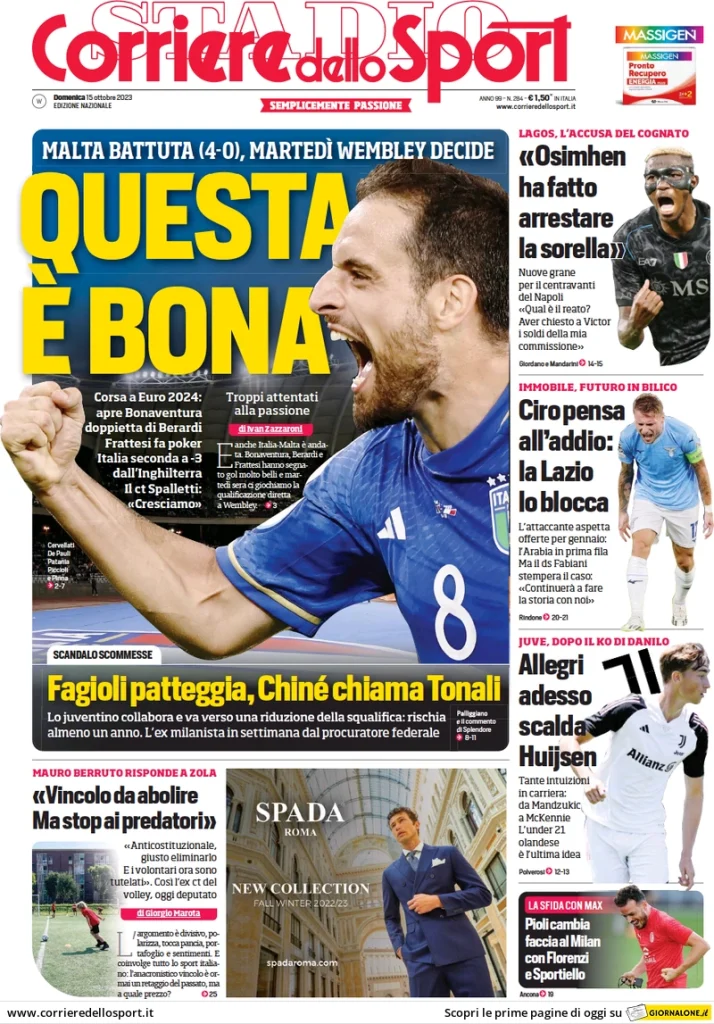 Le Prime Pagine Sportive Nazionali – 15 ottobre 28 corriere dello sport 013013059