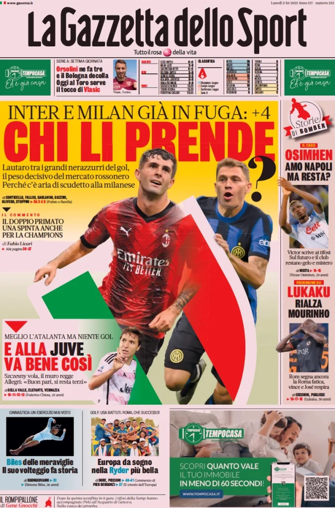 Le Prime Pagine Sportive Nazionali - 2 ottobre 27 la gazzetta dello sport 025304524