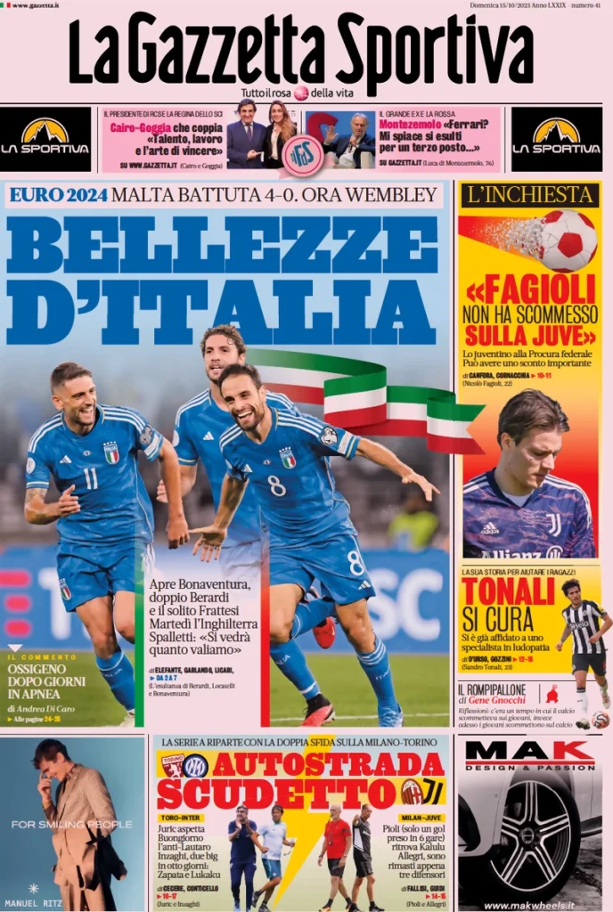 Le Prime Pagine Sportive Nazionali – 15 ottobre 27 la gazzetta dello sport 040306598